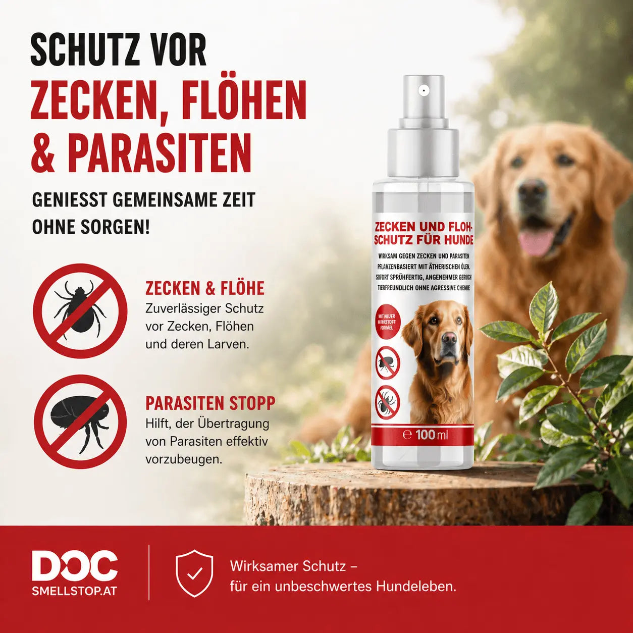 Smellstop Zecken &amp; Flohschutz Spray für Hunde 100 ml | Pflanzenbasiert mit Neemöl &amp; Citronella